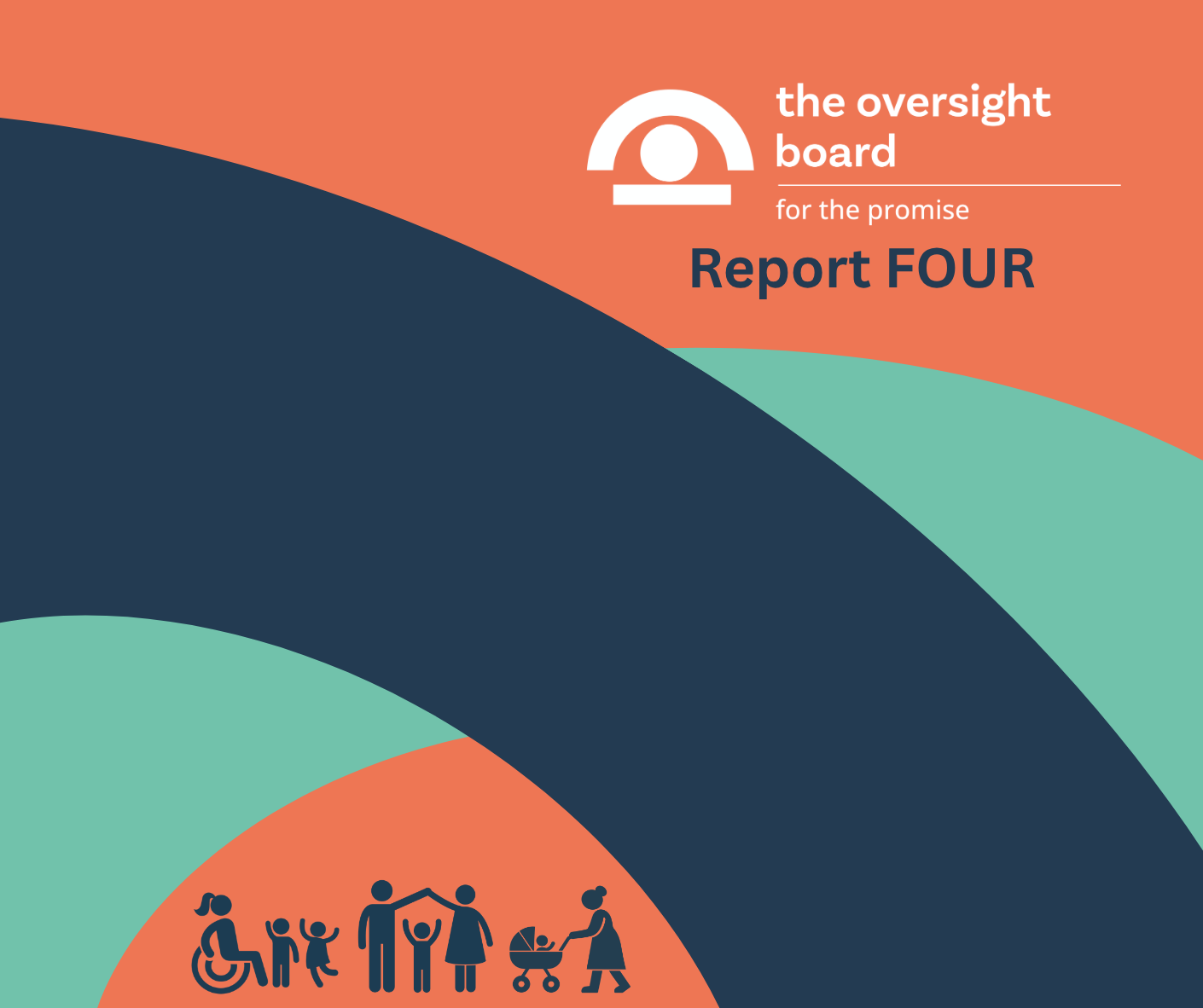 Graphic for Report FOUR of the Oversight Board, featuring stylised images of children and adults.