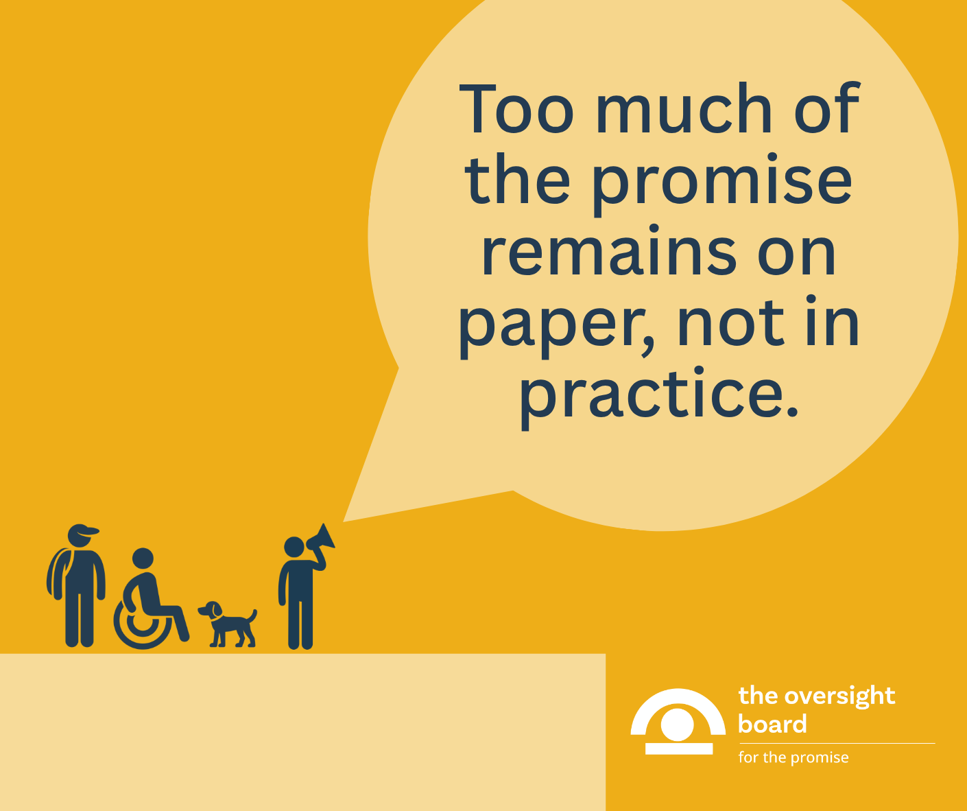 Stylised illustration of people, including a person with a megaphone saying 'too much of the promise remains on paper, not in practice."